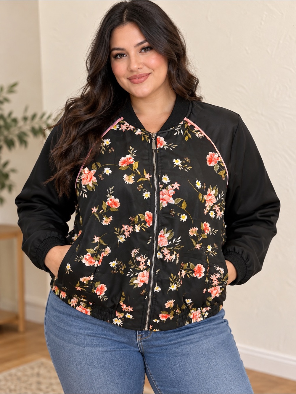 Outer Edge Black Floral Bomber Jacket with Pink Accents